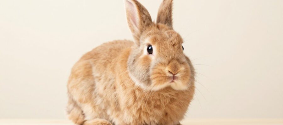 Conejo de raza Holland Lop con pelaje color caramelo sentado sobre una superficie de madera clara.