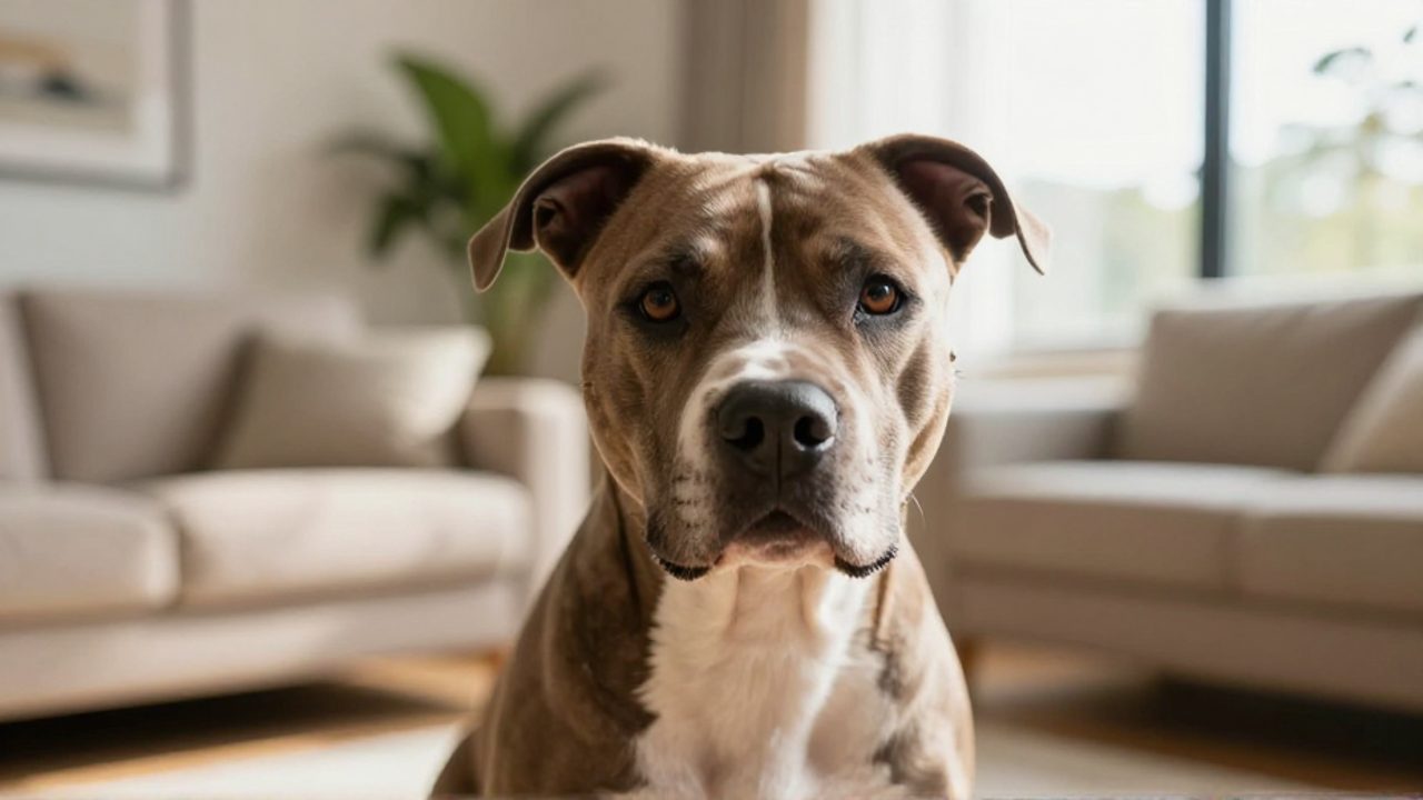 Primer plano de un perro Pitbull con expresión dulce y tranquila que mira directamente a la cámara en una sala luminosa.