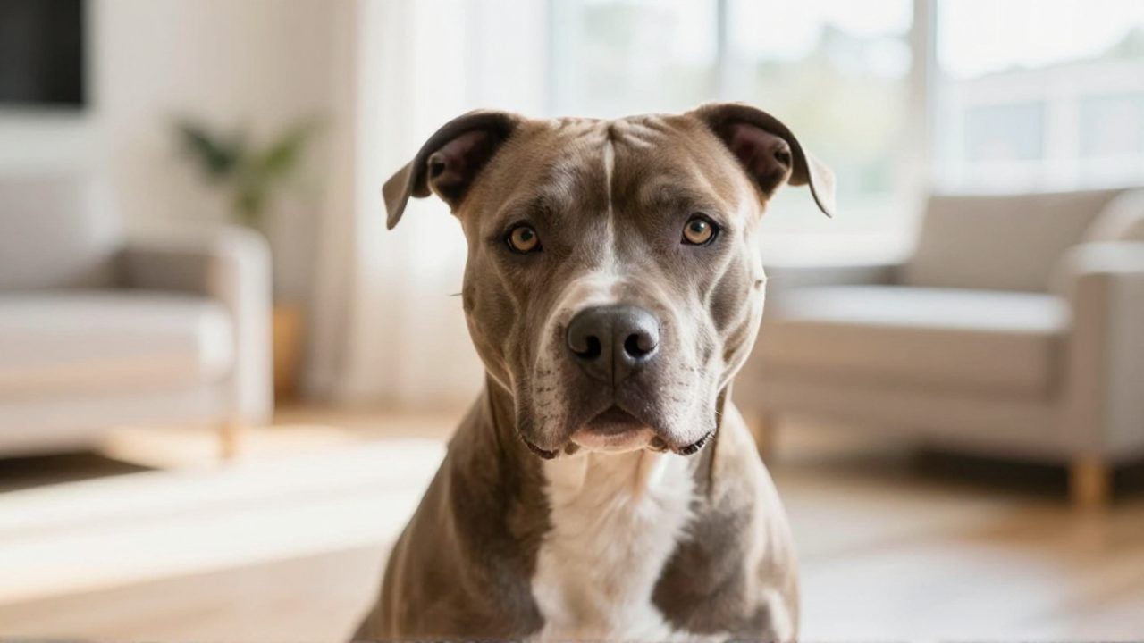 Un perro Pitbull sentado con expresión tranquila y atenta en una sala de estar luminosa.