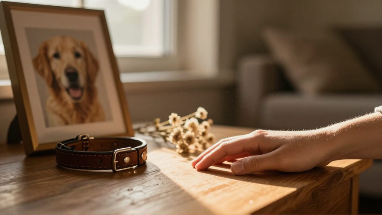 Una mano descansa sobre una mesa de madera junto a un retrato desenfocado de un perro, un collar de cuero y flores secas bajo la luz cálida del sol.