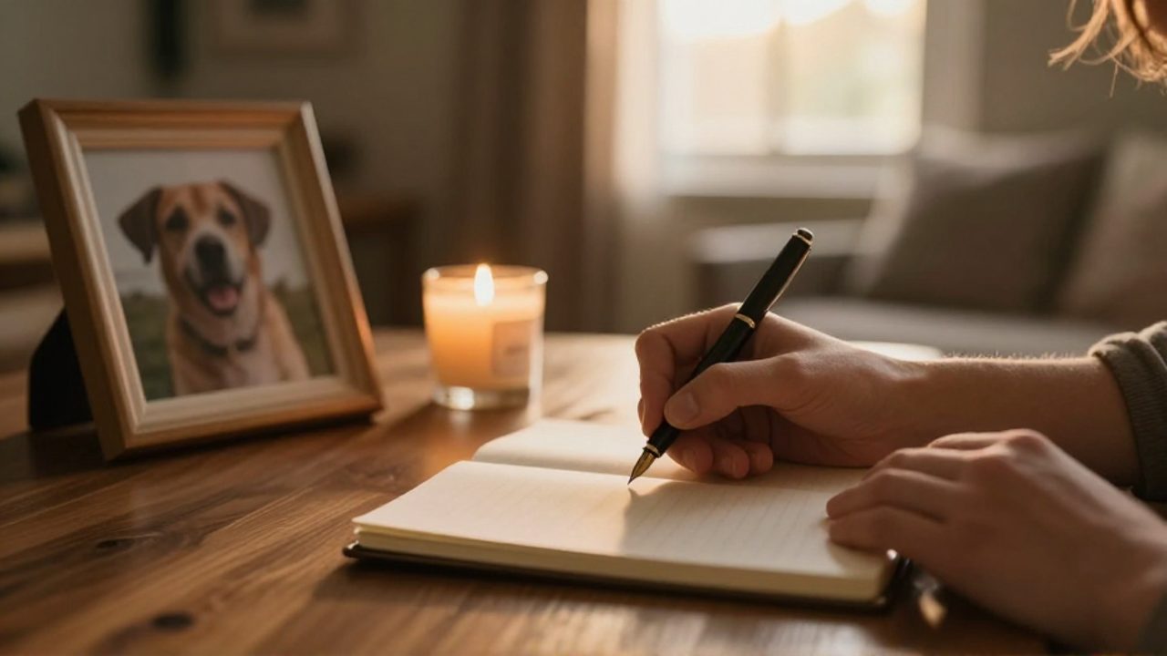 Manos sosteniendo una pluma sobre un cuaderno junto a una fotografía de un perro y una vela de recuerdo en un ambiente tranquilo.