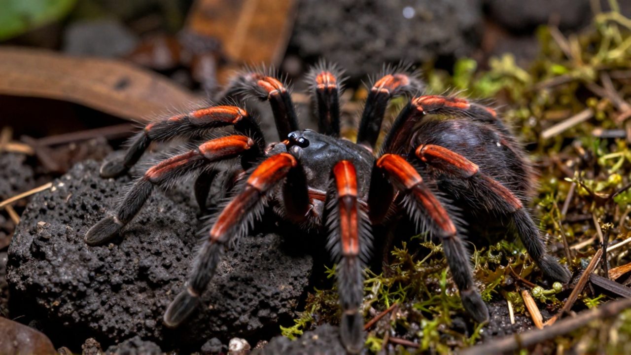 Tarántula de rodillas rojas sobre una roca volcánica y musgo seco en un entorno natural.