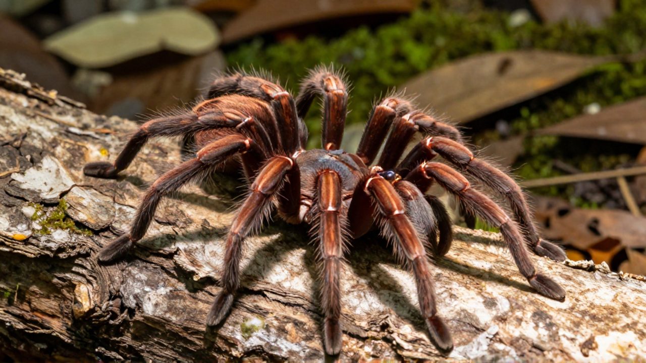 Tarántula robusta reposando sobre la corteza de un árbol en el suelo de un bosque con luz natural filtrada.
