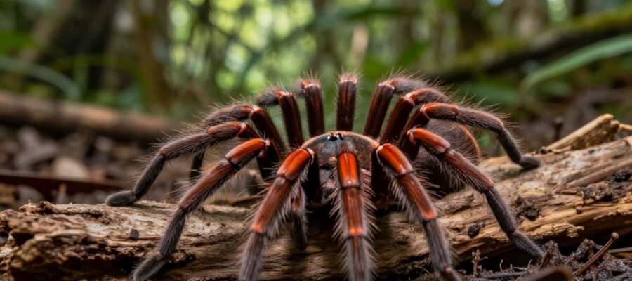 Tarántula de rodillas rojas descansando sobre un tronco de madera en el suelo de un bosque tropical.