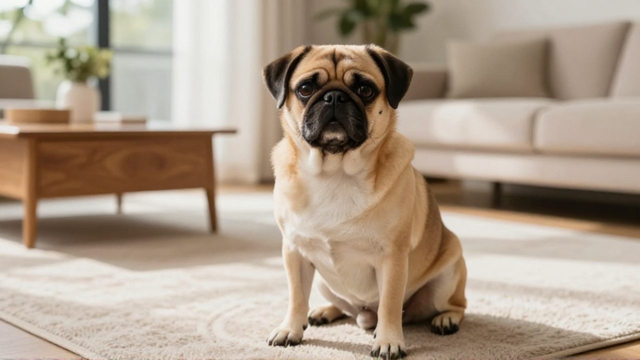 Un perro puggle de expresión curiosa y afectuosa sentado sobre una alfombra en una sala de estar luminosa.