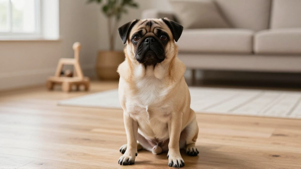 Un perro puggle de color canela sentado con atención en un salón iluminado, mirando hacia arriba con postura de aprendizaje.