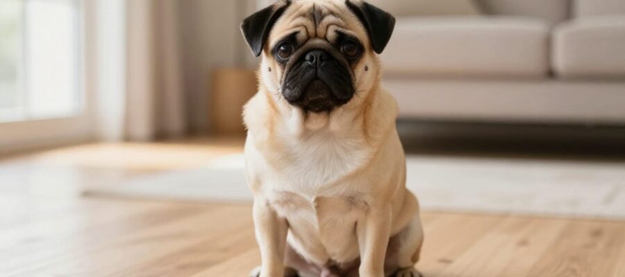 Perro puggle de pelaje corto sentado con curiosidad en el suelo de una sala de estar iluminada.