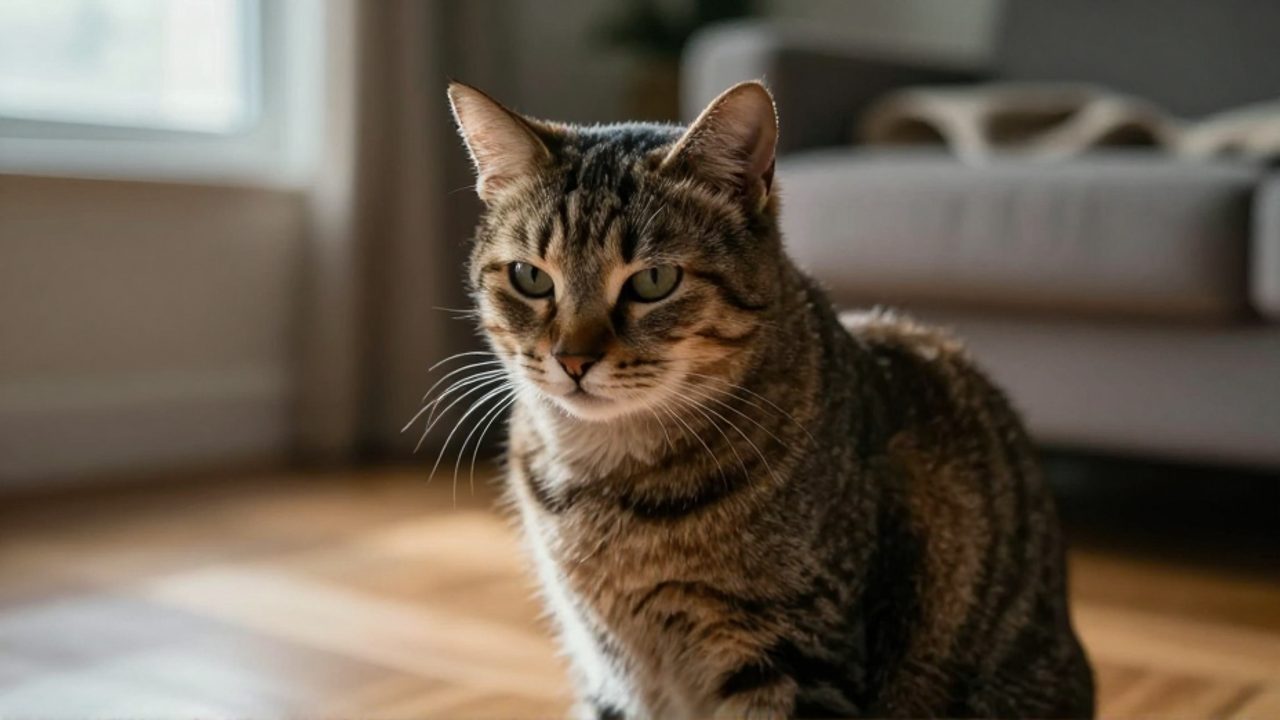Gato doméstico sentado con postura encorvada y expresión de malestar en una sala de estar iluminada por el sol.