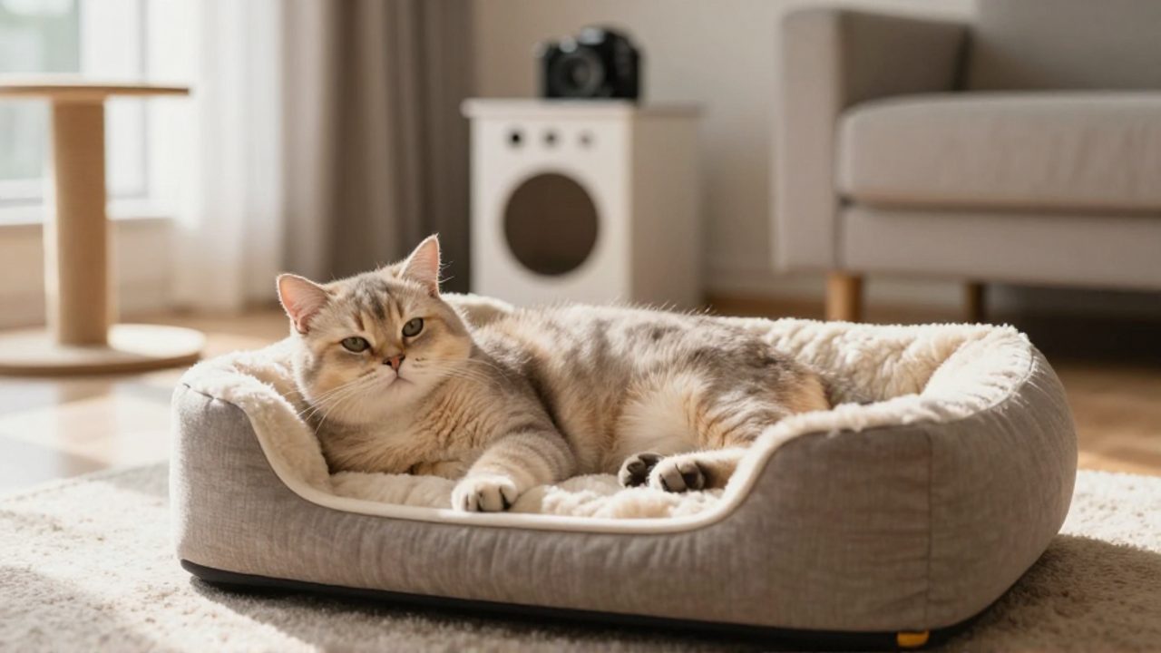 Gato descansando en una cama ortopédica en una sala iluminada, rodeado de elementos como un comedero elevado que facilitan su bienestar.