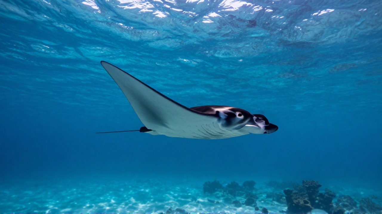 Una mantarraya se desliza en aguas tropicales profundas, mostrando su silueta de perfil y su cola sin aguijón para resaltar su naturaleza pacífica.
