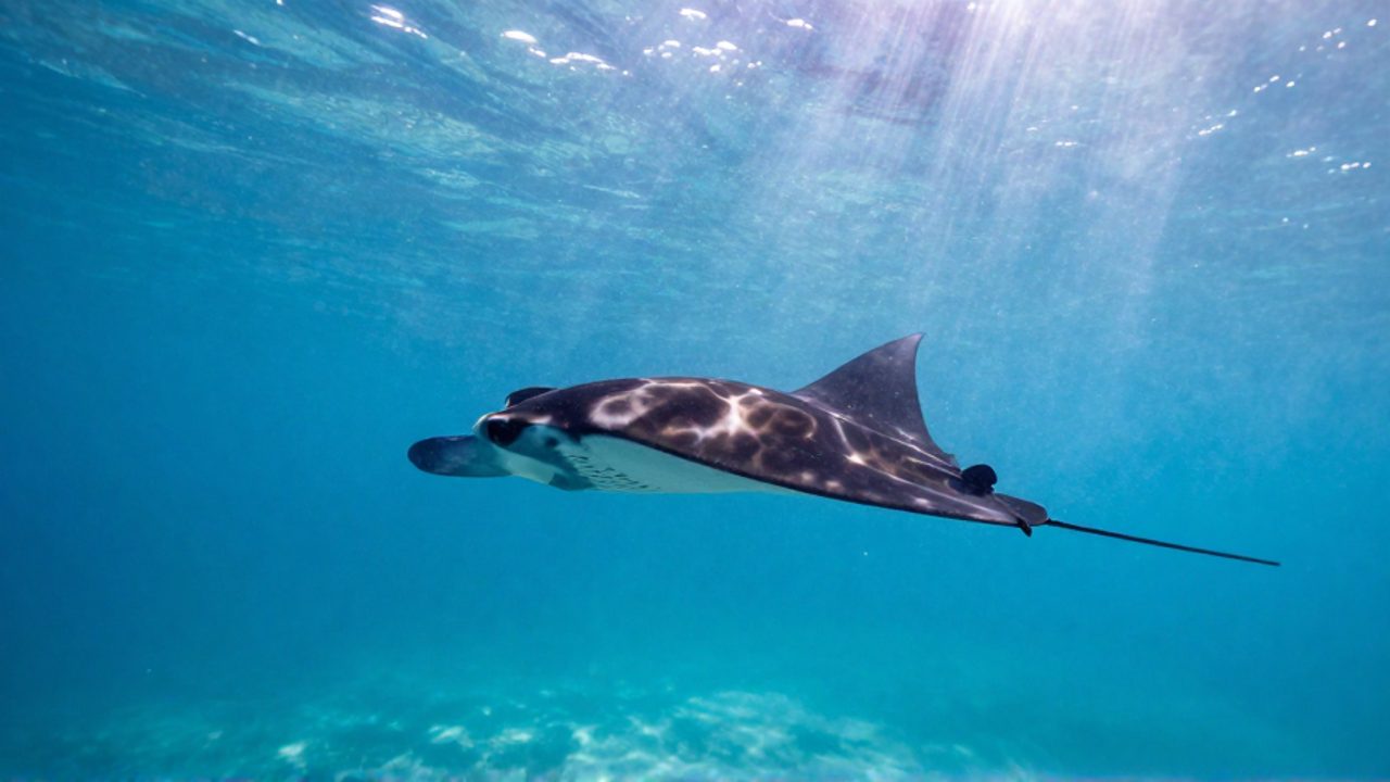 Una mantarraya nada con elegancia en aguas abiertas bajo los rayos del sol.