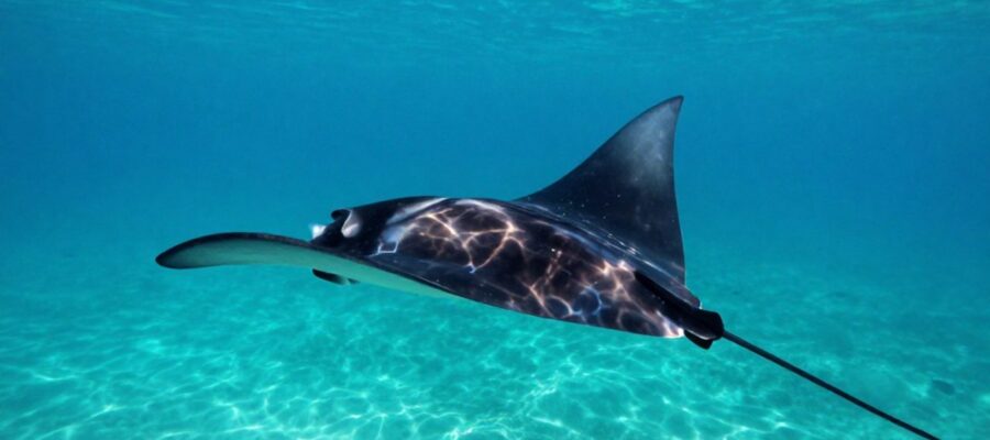 Una mantarraya nada con elegancia en aguas turquesas mientras la luz del sol atraviesa la superficie marina.