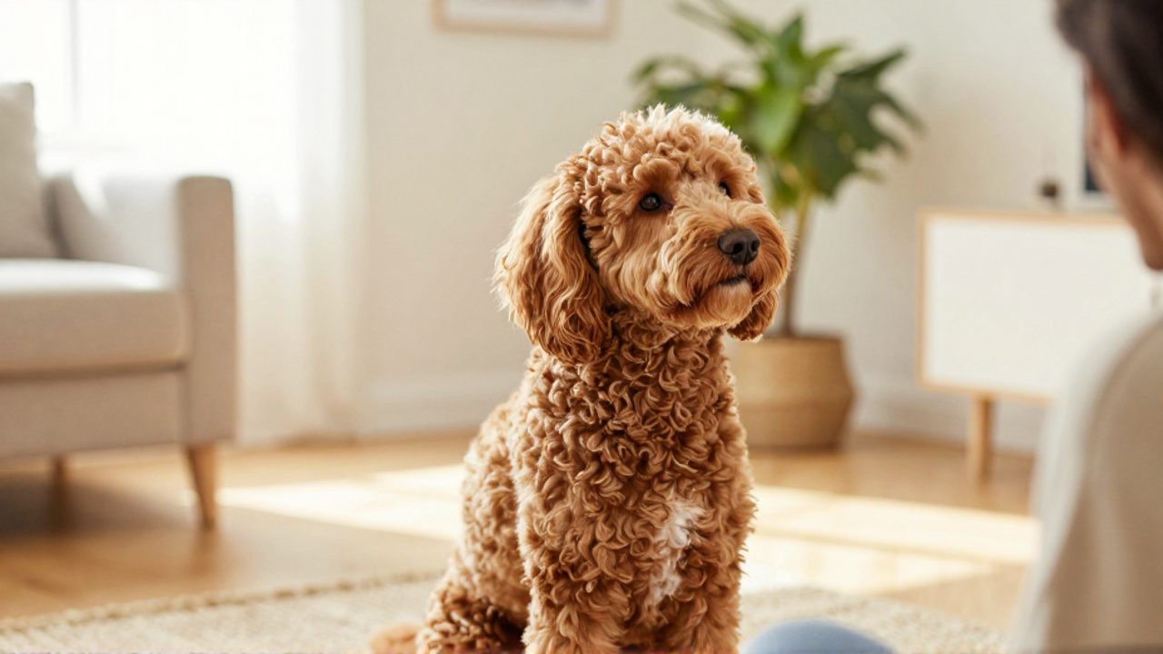 Perro Schnoodle de color albaricoque sentado con expresión atenta y curiosa sobre una alfombra en una sala de estar iluminada.