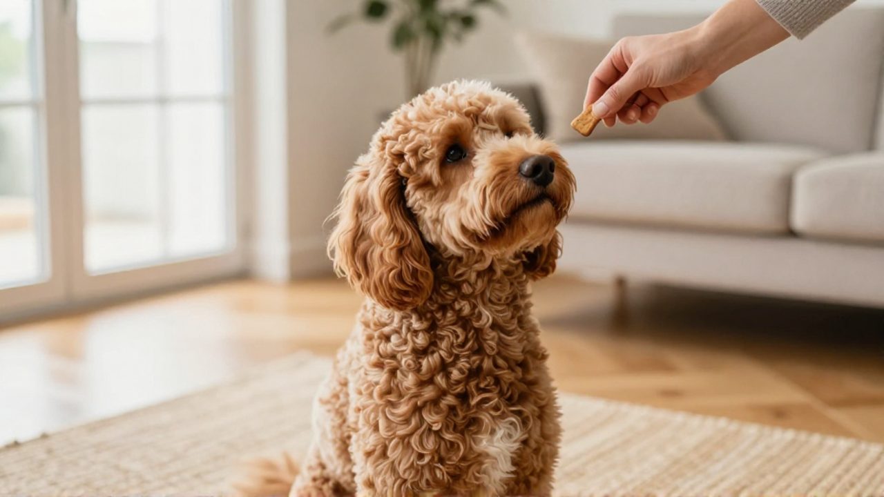 Perro Schnoodle de pelo rizado color albaricoque sentado con atención mientras un entrenador le ofrece un premio en una sala de estar luminosa.