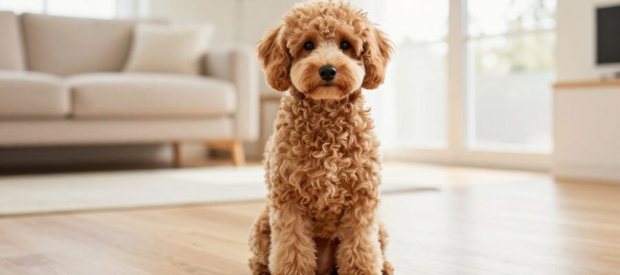 Perro Schnoodle de pelaje rizado color albaricoque sentado con expresión curiosa sobre un suelo de madera en un salón luminoso.