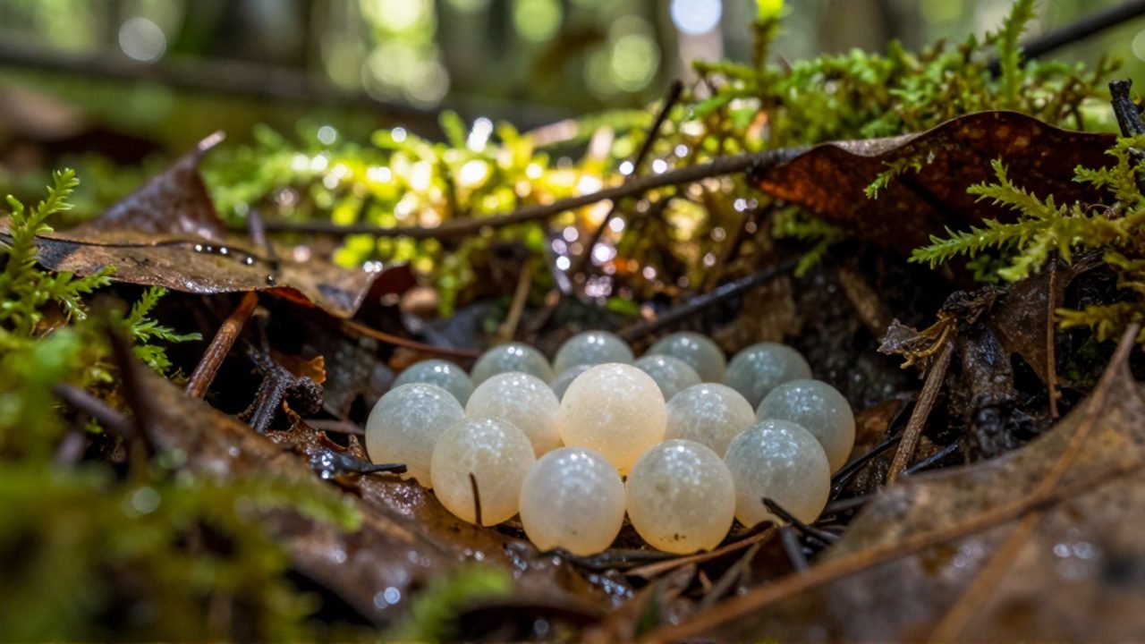 Nido de huevos de serpiente translúcidos entre hojas secas y musgo en el suelo de un bosque.