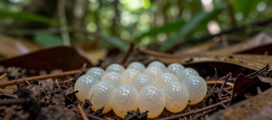 Un grupo de huevos de serpiente traslúcidos descansando sobre hojas secas y tierra húmeda en el suelo de un bosque.