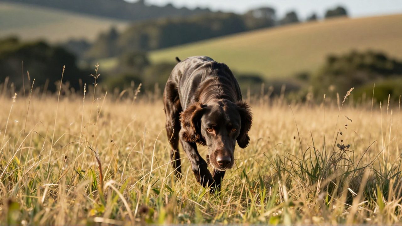 Un American English Coonhound olfatea concentrado entre la hierba alta de un prado iluminado por el sol.