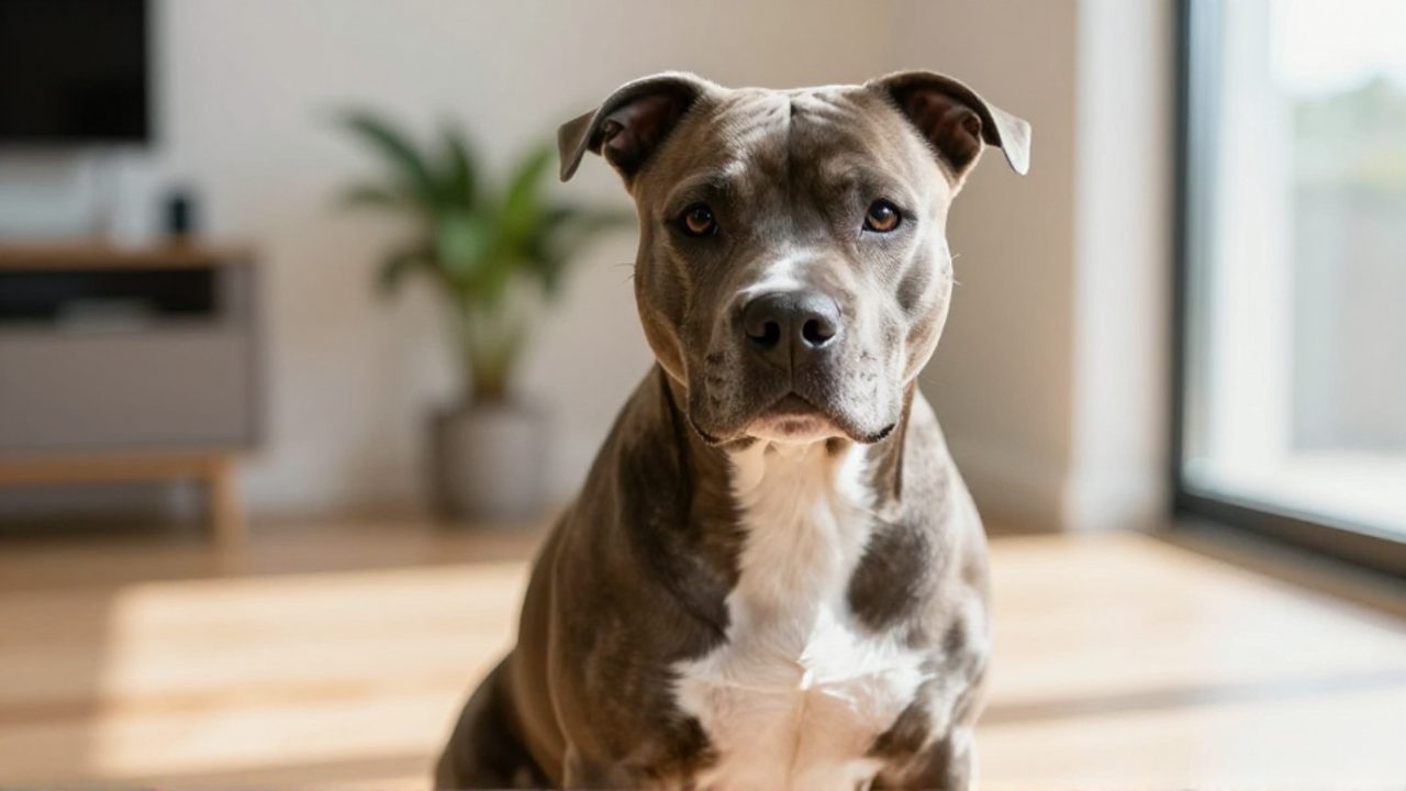 Un American Staffordshire Terrier de complexión musculosa mira con atención sentado en una sala de estar iluminada por el sol.