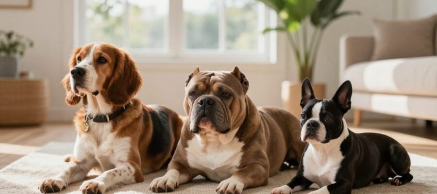 Tres razas de perros americanos, un Coonhound, un American Bully y un Boston Terrier, descansan juntos en una luminosa sala de estar.