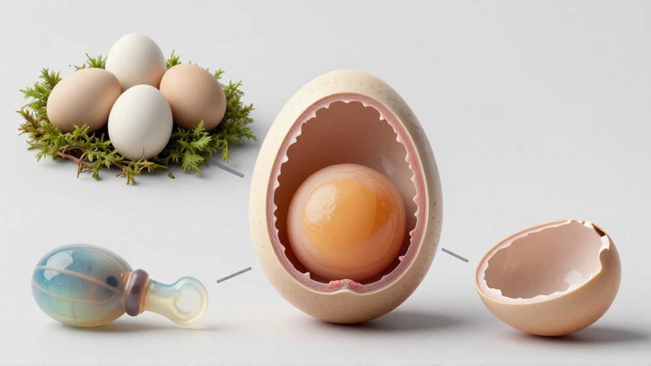 Diagrama comparativo que muestra un embrión desarrollando dentro de un huevo en el vientre materno, junto a ejemplos de huevos de aves y embriones con placenta para ilustrar los modelos reproductivos.