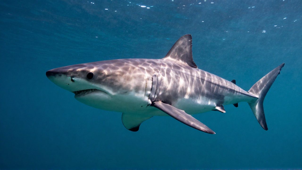 Un gran tiburón blanco nada de perfil por aguas oceánicas profundas iluminadas por rayos de luz solar.