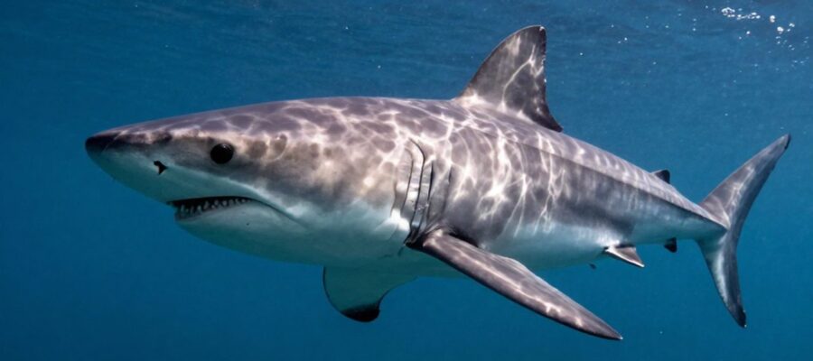 Gran tiburón blanco nadando en aguas profundas con rayos de luz filtrándose desde la superficie.