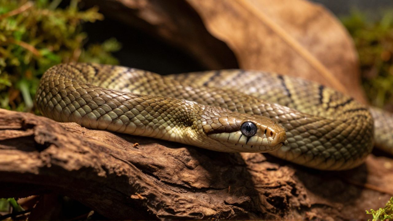 Serpiente de la familia de los colúbridos con escamas en tonos verdes y marrones descansando sobre un tronco de madera en un terrario.