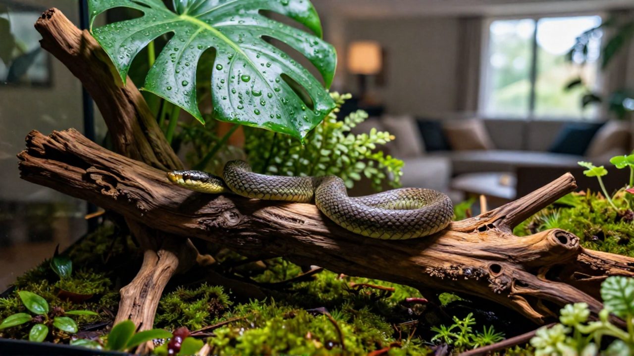 Serpiente no venenosa descansando sobre una rama dentro de un terrario bioactivo con musgo, plantas tropicales y madera.