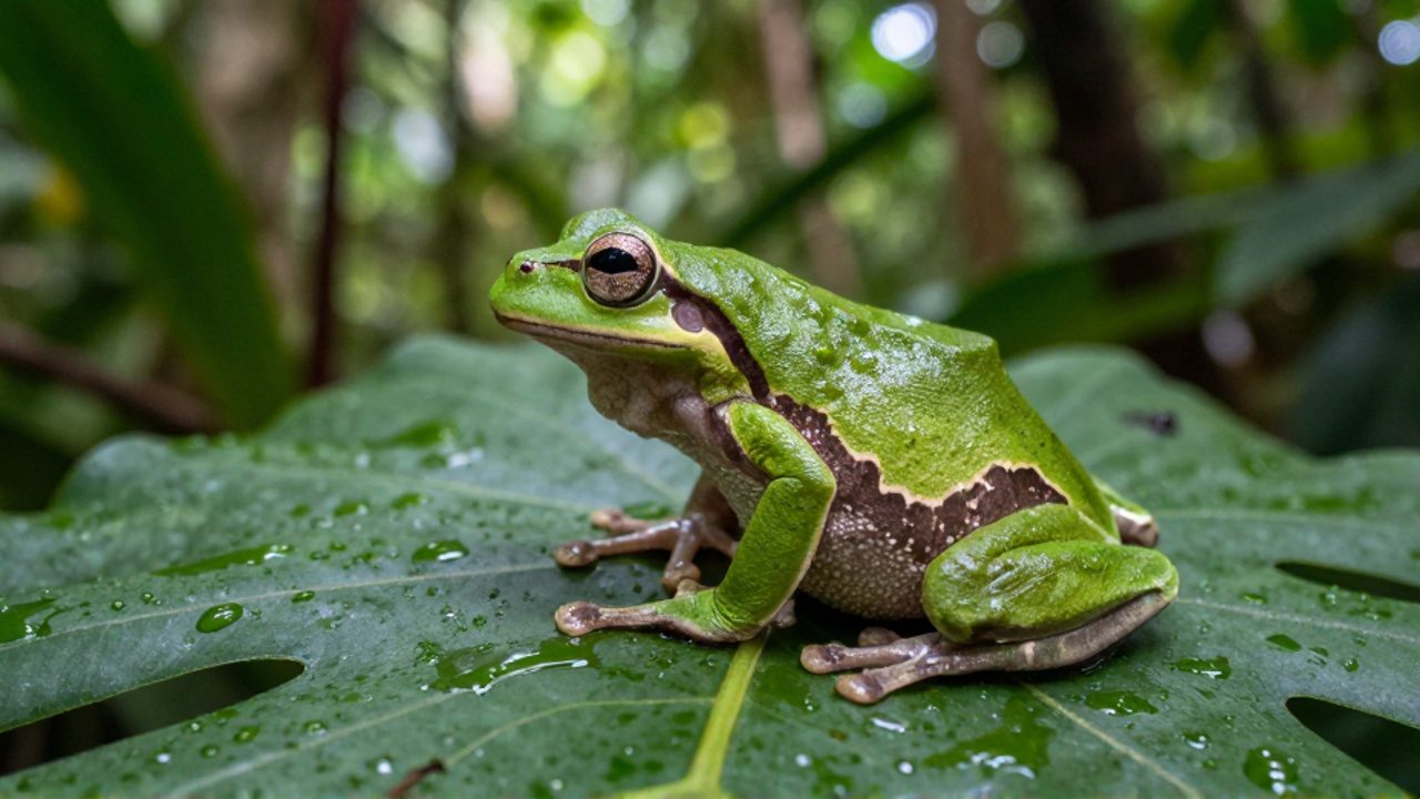 Una rana arborícola de color verde vibrante se aferra a una hoja húmeda en medio de la vegetación de un bosque tropical.