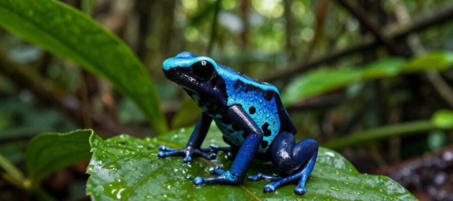 Una rana dardo venenosa de color azul neón y negro posada sobre una hoja húmeda en la selva tropical.