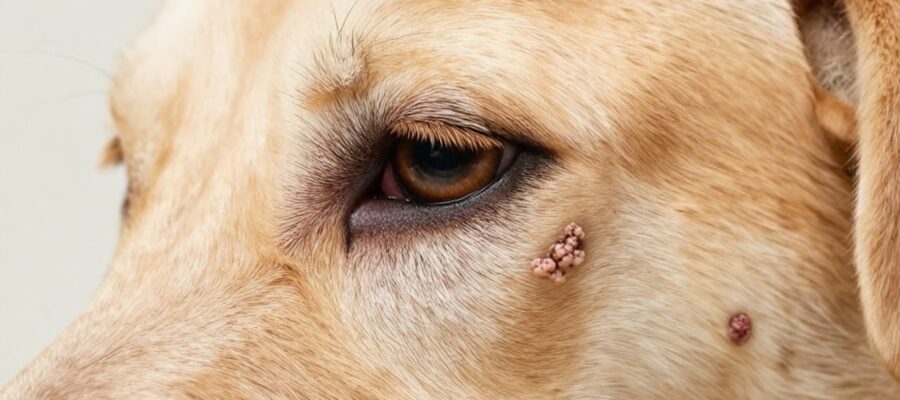 Primer plano de un pequeño bulto con textura rugosa similar a una coliflor en el borde del párpado de un perro.