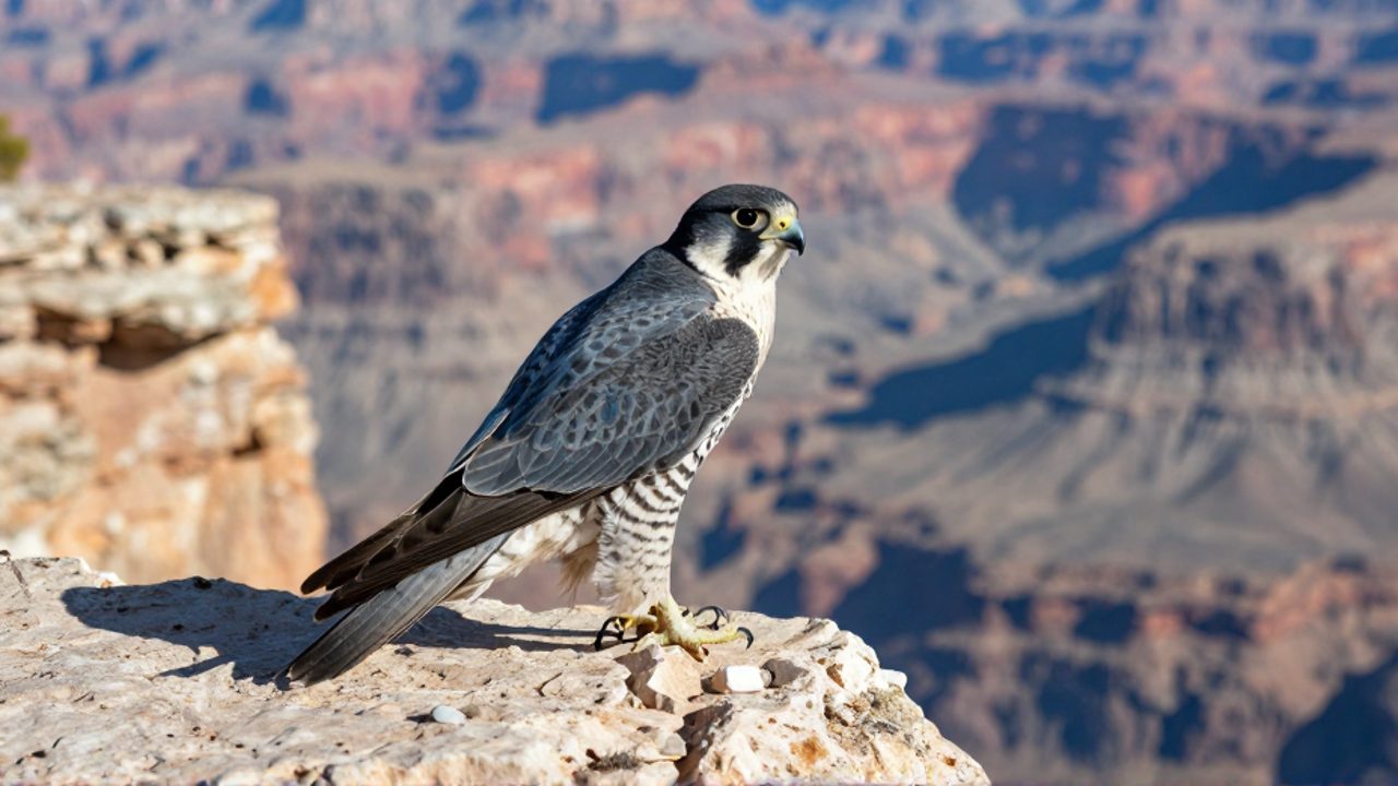 Un halcón peregrino posado en el borde de un risco de piedra caliza con un paisaje de cañón al fondo.