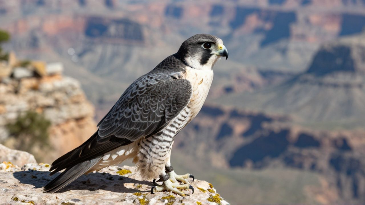 Un halcón peregrino posado sobre una roca con musgo observa con atención en un entorno de cañón.