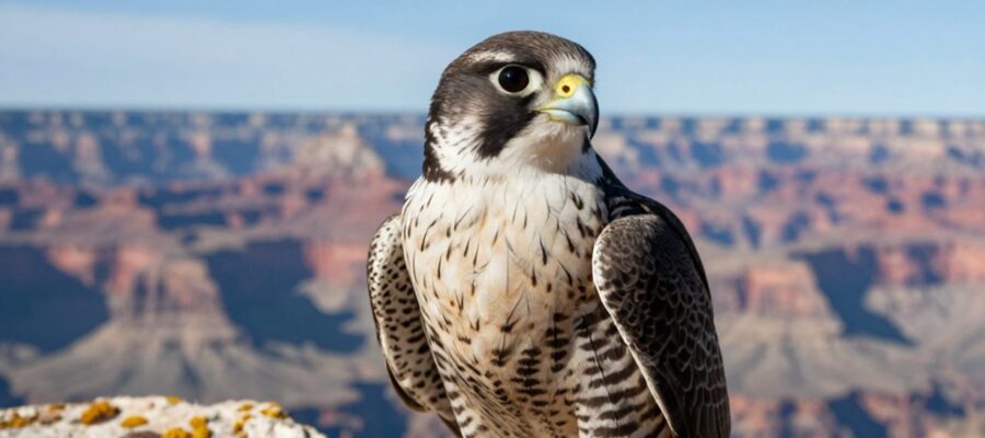 Halcón peregrino posado sobre una roca con musgo, observando intensamente el paisaje de un cañón.