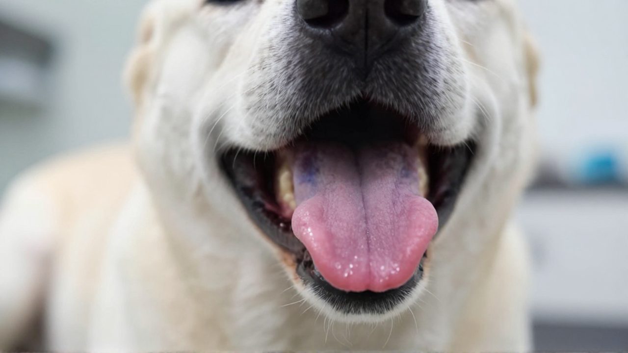 Primer plano de la boca de un perro donde se aprecia la diferencia de color entre la lengua rosada sana y zonas con una coloración morada anormal.