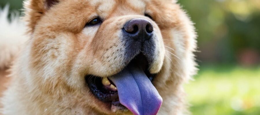 Primer plano de la lengua de color azul oscuro o morado de un perro de raza Chow Chow.