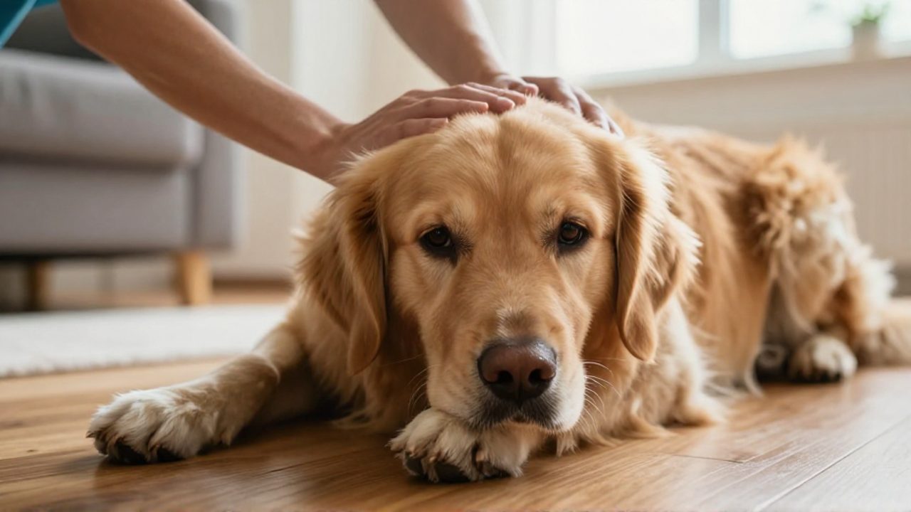 Un perro golden retriever tumbado con aspecto decaído mientras una persona le acaricia el hombro para consolarlo en un salón iluminado.