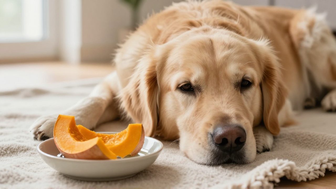 Un perro tranquilo descansa sobre una manta junto a un cuenco con trozos de calabaza cocida y agua.