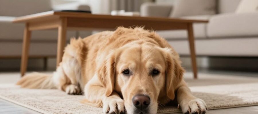 Perro golden retriever sentado en una sala con aspecto decaído y la cabeza apoyada en sus patas.