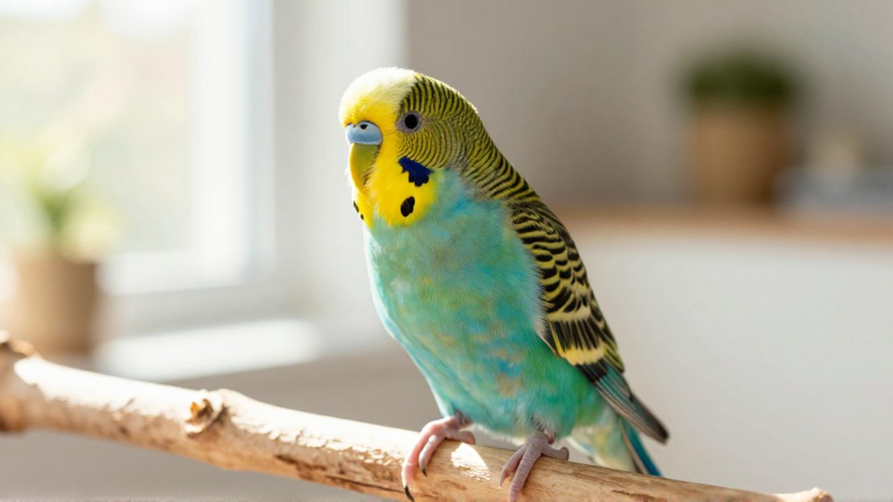 Periquito australiano de plumaje turquesa y amarillo posado sobre una rama de madera en un ambiente iluminado por luz natural.