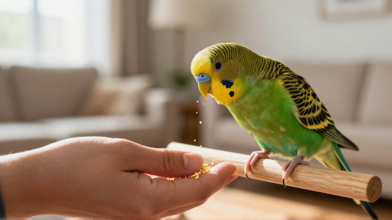 Una mano ofrece una rama de mijo a un periquito verde y amarillo para fomentar su interacción mediante refuerzo positivo.