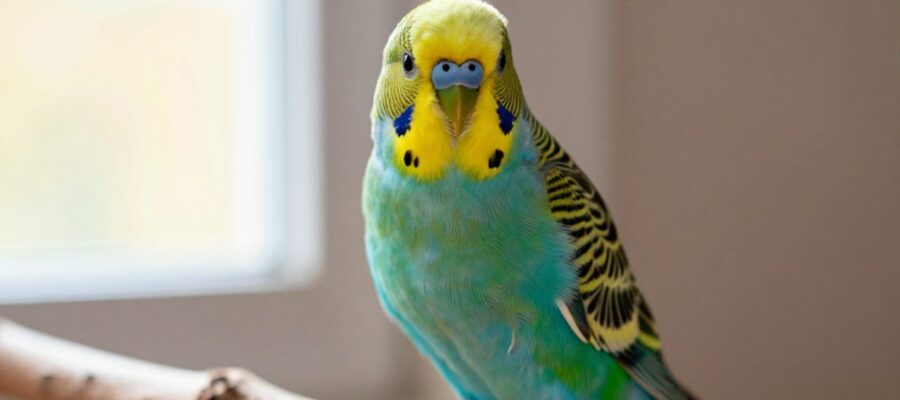 Periquito australiano de plumaje turquesa y amarillo posado sobre una rama de madera en un entorno doméstico iluminado por el sol.