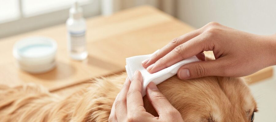 Una persona limpia suavemente un pequeño rasguño en el lomo de un perro Golden Retriever con una gasa estéril en un entorno doméstico.