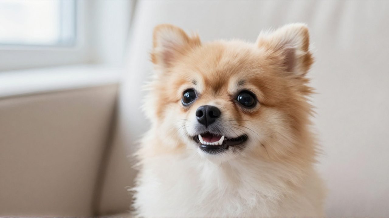 Primer plano de la cara de un perro de raza pequeña con ojos brillantes y dentadura limpia para resaltar su salud dental.