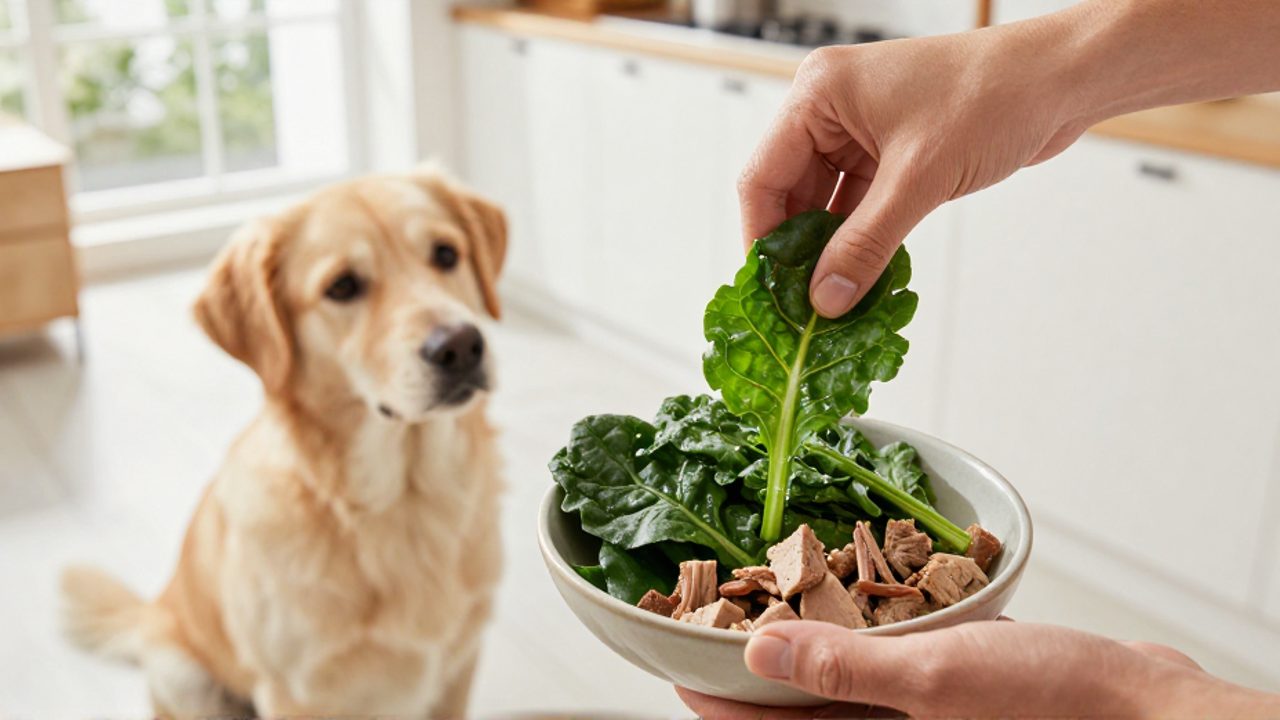 Una persona añade hojas de acelga picadas y cocidas al cuenco de comida de un perro que espera sentado en la cocina.