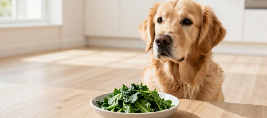 Un perro Golden Retriever mira con atención un cuenco con acelgas picadas y cocidas en el suelo de una cocina.