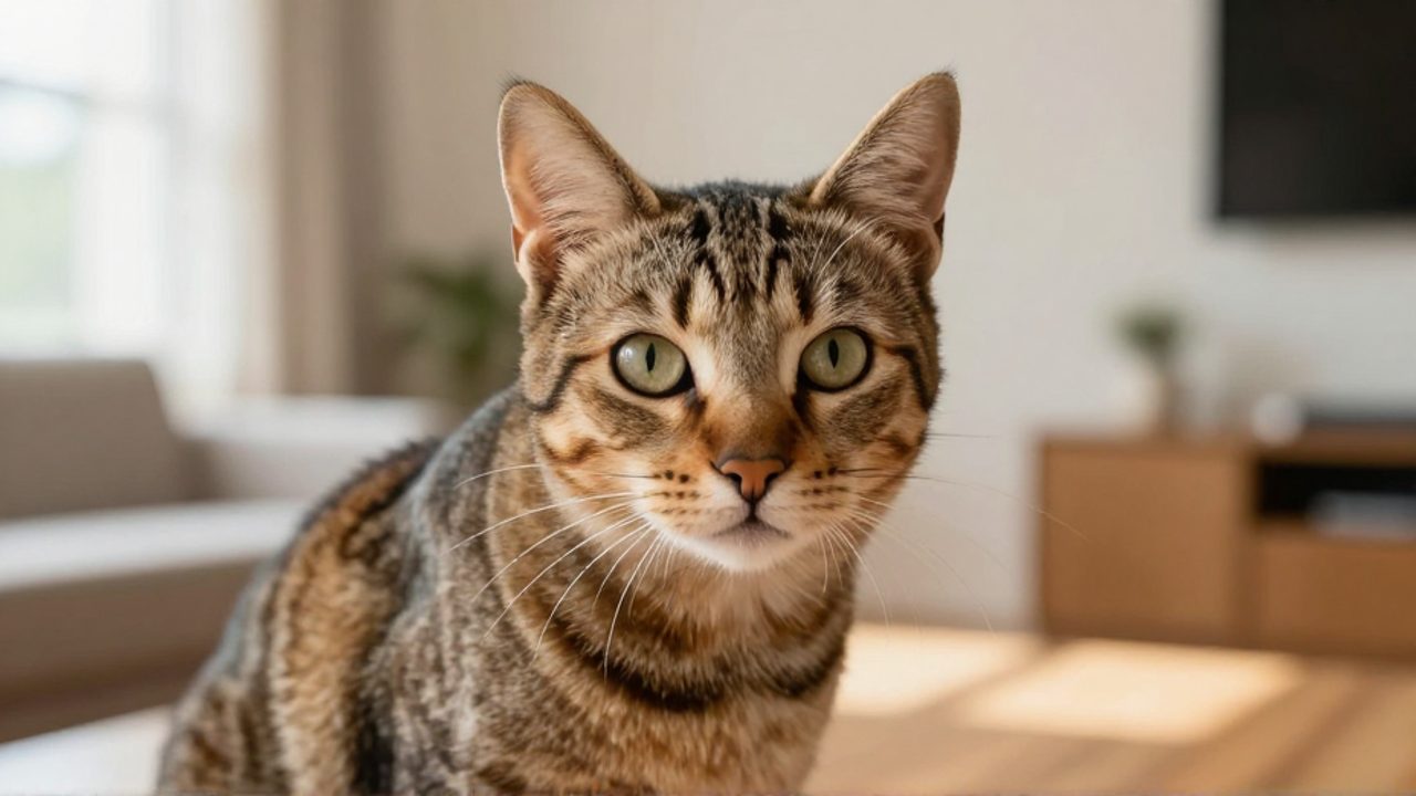 Gato atigrado con rayas marcadas y la característica marca en forma de M en la frente, sentado en una sala iluminada por el sol.
