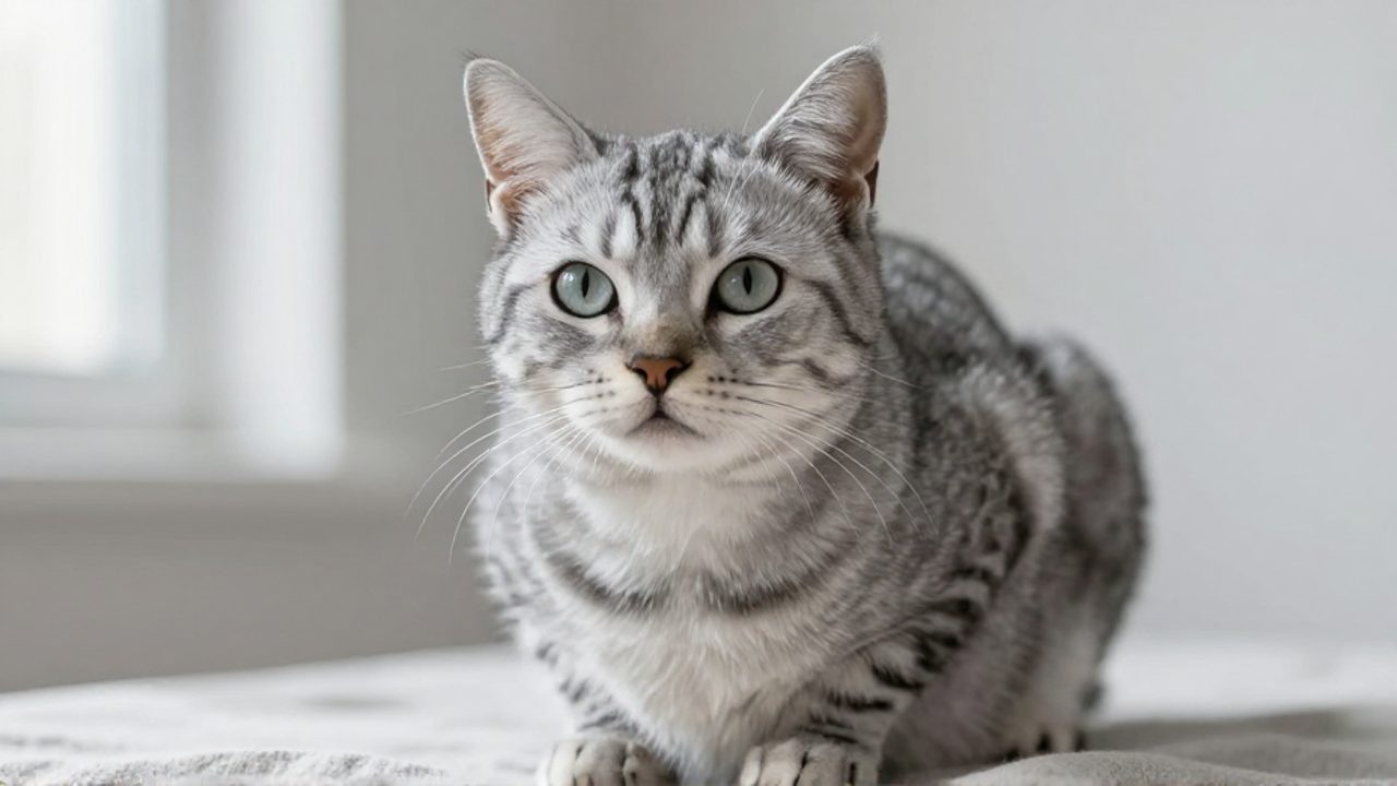 Gato doméstico de pelo corto con pelaje gris plateado y rayas oscuras sentado sobre una superficie de lino.