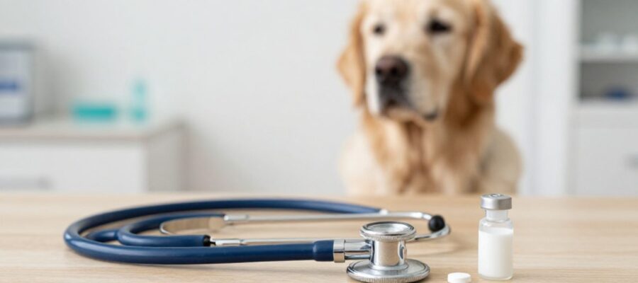 Estetoscopio, una pastilla y un gotero sobre una mesa de clínica veterinaria con un perro Golden Retriever al fondo.